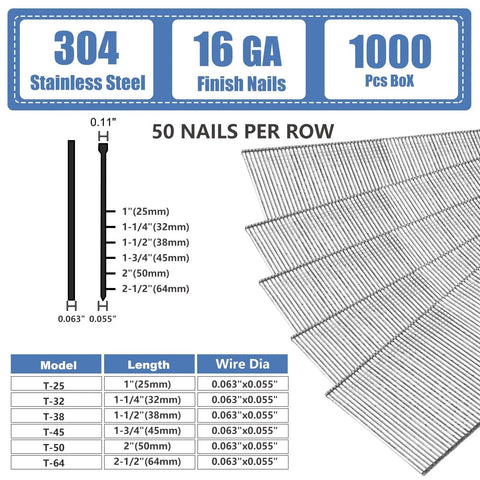 Image showing Premium 2 Inch 304 Stainless Steel Finish Nails 1000 Pack 16 Gauge, dimensions and wire diameter specifications.