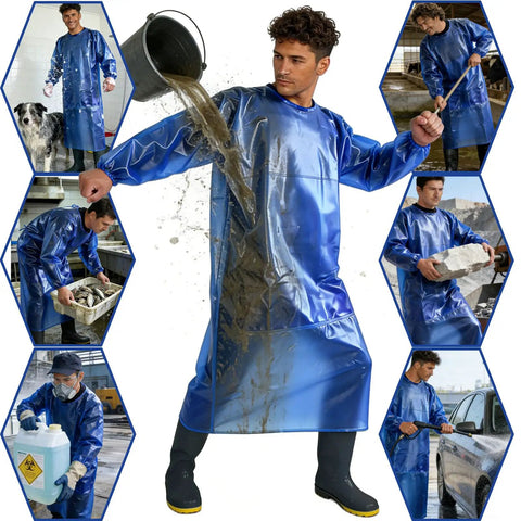 Tough As Nails Heavy Duty Chemical Resistant Apron With Sleeves For Oil And Acid, Waterproof PVC, Royal Blue, Size S M, in action scenes