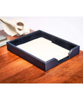 Bonded Leather Desktop Letter Tray Organizer Navy Blue on wooden desk, 13.5 x 10.5 x 2 inches, premium letter holder