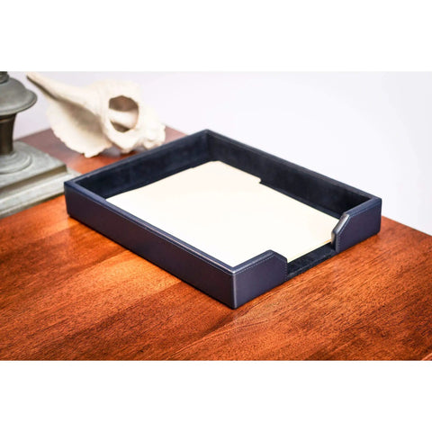Bonded Leather Desktop Letter Tray Organizer Navy Blue on wooden desk, 13.5 x 10.5 x 2 inches, premium letter holder