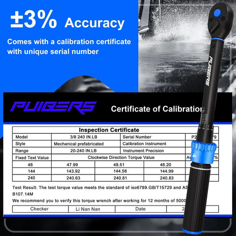 Garage-Ready Pro Grade Three-Eighths-Inch Drive Torque Wrench Kit With 20-240 In-Lb Range showing calibration certificate