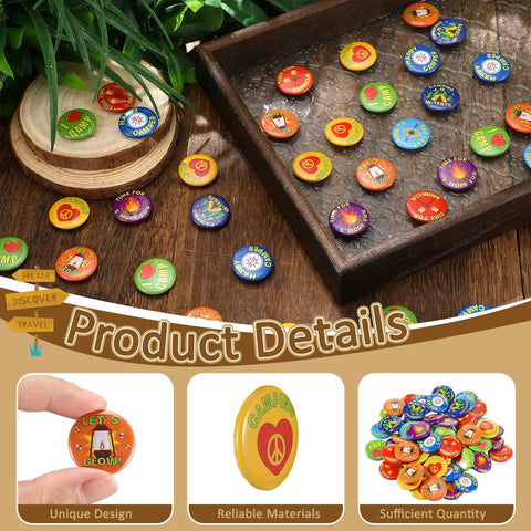 I Love Camp Pins For Kids 60 Pcs Outdoor Camping Button Accessories on wooden surface with detail view and quantity highlight