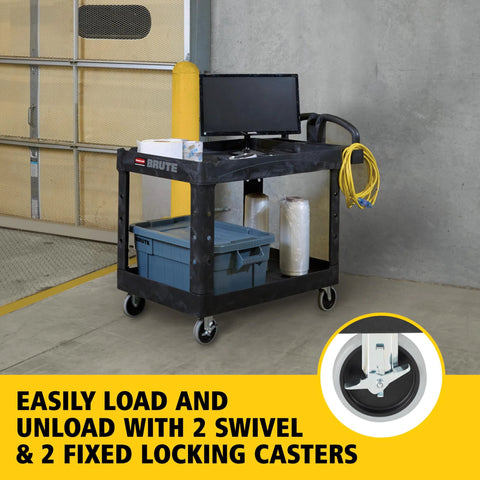 Two Shelf Foam Utility Cart With Lipped Shelves And Ergonomic Handle Black 500 Lb Capacity in warehouse with monitor and tools