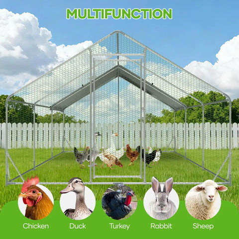 Large Metal Chicken Coop Walk In Runs 10x20 Feet With Cover for 30 Chickens Hen House Enclosure with Security Lock