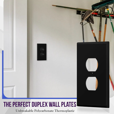 Oversized 1-Gang Wall Plate For Duplex Receptacles, Jumbo Black Glossy Outlet Cover displayed on wall, polycarbonate material