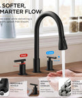 FORIOUS Black 2-Handle Kitchen Faucet, 3-Mode High Arc Pull Down Sprayer with separate hot and cold handles in a modern kitchen.