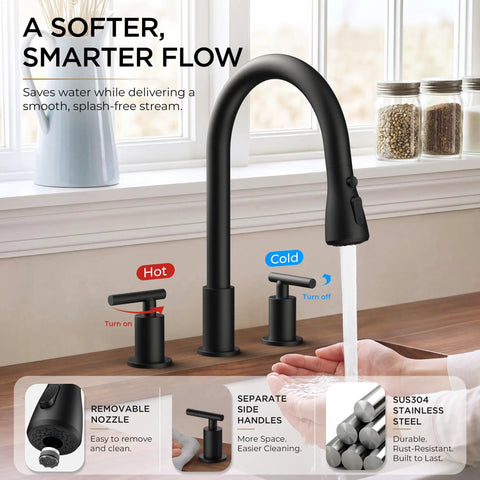 FORIOUS Black 2-Handle Kitchen Faucet, 3-Mode High Arc Pull Down Sprayer with separate hot and cold handles in a modern kitchen.