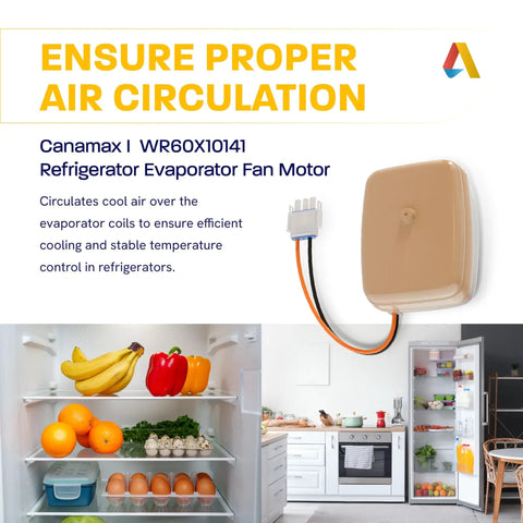 Evaporator Fan Motor For Refrigerator Replacement Fits GE Hotpoint Sears Kenmore Fridges Replaces WR60X10141 packaging and fridge.