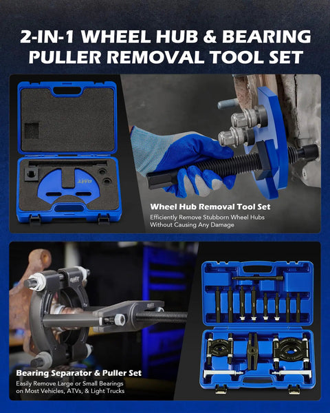 5 Ton Hydraulic Bearing Puller And Hub Removal Tool Kit 2 In 1 Gear Pulley Extractor Set with blue carrying case and tools displayed.