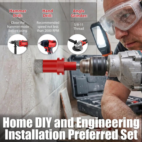 Ultra Durable 8-Piece Diamond Hole Saw Kit With Hex And SDS Adapters For Dry Or Wet Cutting Tile Granite Marble Glass Stone 1/4 To 1-3/8 Inch in use on tile