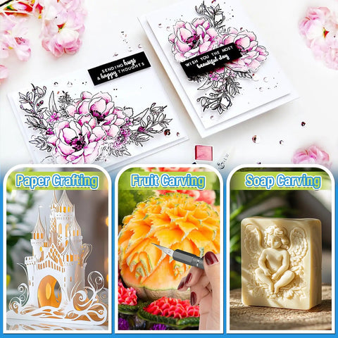 Exacto Knife Set With Case used for paper crafting, fruit carving, and soap carving with intricate designs.