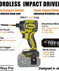 Side view of compact cordless impact driver with 1/4 inch hex, brushless motor, four speed settings, tool only, no battery.