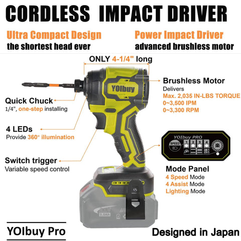 Side view of compact cordless impact driver with 1/4 inch hex, brushless motor, four speed settings, tool only, no battery.