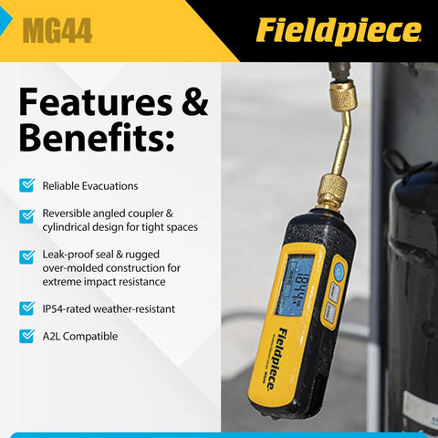 HVACR Wireless Vacuum Gauge MG44 For Quick Pro Grade Micron Readings With Reversible Angled Coupler For a Secure Seal Standalone Or Job Link App Or SMAN Manifold Screen All In One Long Range Vacuum Tool For Tight Spaces.