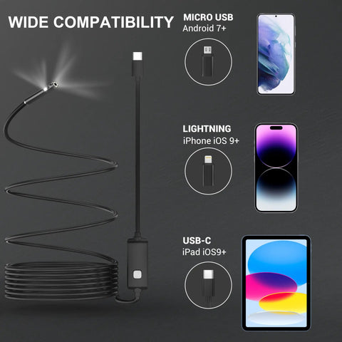 Dual Lens Endoscope Camera With Light 1920P HD Borescope For Tight Spots With 7.9mm Ultra Slim Probe, USB-C and Lightning