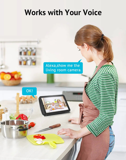Person using Indoor All-In-One Home Security Cam For Baby Monitoring And Pet Surveillance, 1080P HD Live View With Night Vision, WiFi Cam on tablet in kitchen.
