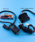 All In One Atv Wiring Harness Kit With Cdi Ignition Coil Solenoid Relay And Spark Plug Set components displayed