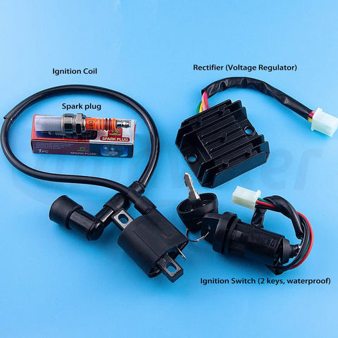 All In One Atv Wiring Harness Kit With Cdi Ignition Coil Solenoid Relay And Spark Plug Set components displayed