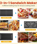 Royalcraft 3-in-1 Electric Sandwich Maker & Waffle Grill waffle, sandwich, and grill plates displayed for versatile cooking.