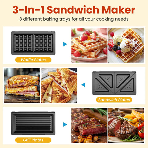 Royalcraft 3-in-1 Electric Sandwich Maker & Waffle Grill waffle, sandwich, and grill plates displayed for versatile cooking.