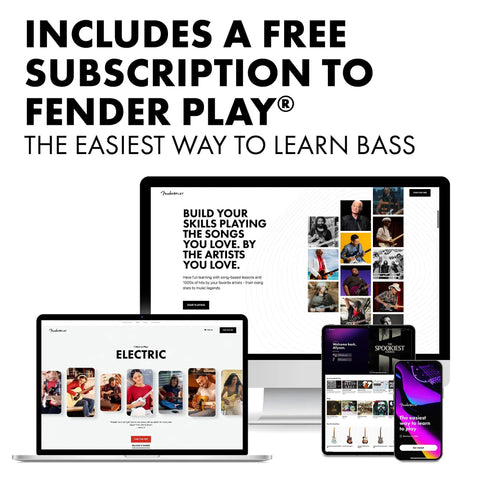 Includes free Fender Play subscription with Squier Debut Series Precision Bass Starter Pack With Rumble 15 Amp for beginners.