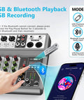 Five Channel USB Bluetooth Audio Mixer with Echo Delay for Recording, showing controls and smartphone connectivity.