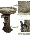 23 Inch Tall Pedestal Bird Bath With Woodland Tree Trunk Decor, Fiber Reinforced Concrete Outdoor Bird Bath with bird designs