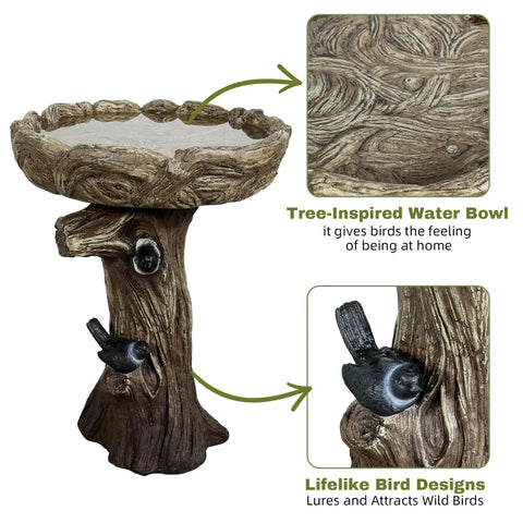 23 Inch Tall Pedestal Bird Bath With Woodland Tree Trunk Decor, Fiber Reinforced Concrete Outdoor Bird Bath with bird designs