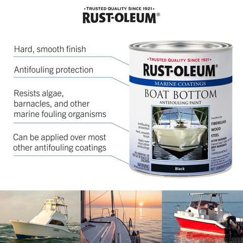 Marine Flat Boat Bottom Antifouling Paint For Fiberglass, Wood And Steel With Copper Release, Recoat In 4 Hours And Launch In 16 Hours, Black, 1 Quart can with features listed.
