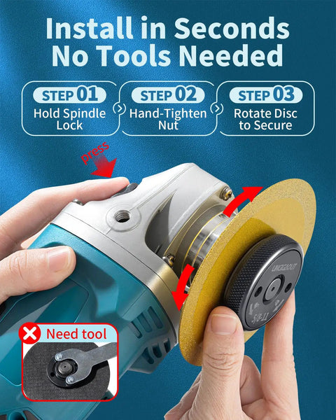 Demonstration of 2 Pack 5/8-11 Angle Grinder Flange Nuts With Tool Free Quick Change Locking Kit being installed on grinder
