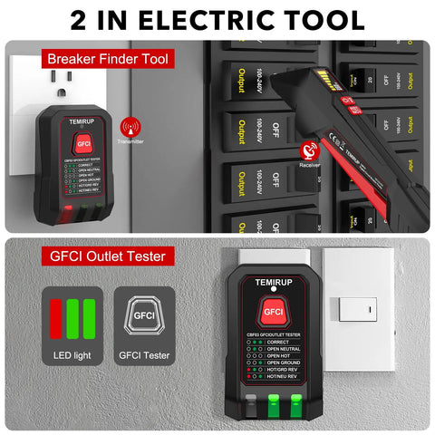 Two Part Circuit Breaker Finder Kit With Lcd Screen And Gfci Outlet Tester To Nail The Fuse Box Identification Without Breaking A Sweat And Test Wiring Fast For Effortless Home Or Job Site Repairs in use on wall outlets.