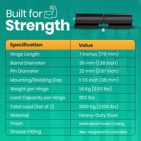 7 Inch Weld On Hinges For Metal specifications, showing heavy-duty steel material, 1102 lbs capacity, black matte finish.