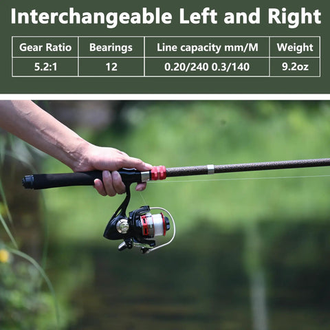 Hand holding telescopic fishing rod and reel combo six point nine feet with spinning reel for bass fishing, interchangeable left and right.