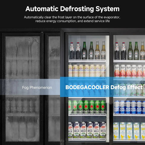 Heavy Duty Workhorse Commercial Merchandiser Refrigerator With Smooth Automatic Sliding Rebound Doors And Reinforced Glass Panels For High Traffic Stores Keep Merchandise Frosty All Day Long, showcasing automatic defrosting system.