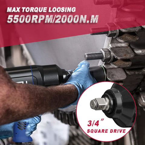 Three Quarters Inch Pneumatic Impact Wrench With Twin Hammers, 1480 Ft Lb Max Torque, showing use on truck lug nuts.