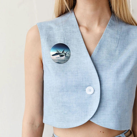 Person wearing Fighter Jets Button Pins 1 Pc 2.4 Inch Round Metal Badges With Personalized Photo Pins for craft projects.