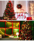 Two decorated Christmas trees with lights and ornaments; one in a cozy living room setting, another in a festive display with warm lighting.