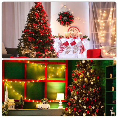 Two decorated Christmas trees with lights and ornaments; one in a cozy living room setting, another in a festive display with warm lighting.