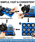 Portable 12V Hydraulic Hose Crimper High Pressure 137 Ton Machine With 8 Dies For 0.4 To 2.4 Inch Hoses showing quick-change dies and operation steps.