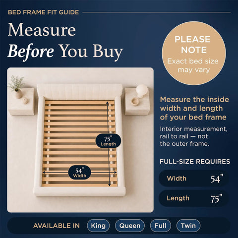 Image showing bed frame fit guide with measurements 75" length and 54" width for Heavy Duty Full Bed Slats Provide Rock Solid Mattress Support.
