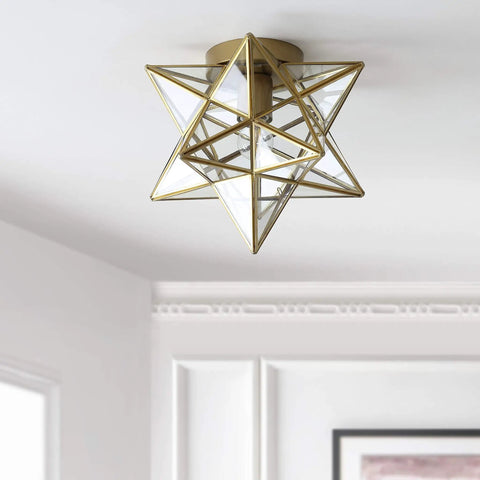 12 Inch Moravian Star LED Flush Mount Ceiling Light Geometric Iron Lantern With Clear Glass Shade For Entryway Hallway Foyer LED Bulb Included Easy Install Dope Bright Modern Home Lighting