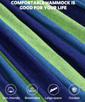 Close-up of blue and green cotton fabric with breathable and durable icons for Cotton Hammock Portable Hanging Bed With Tree Straps Easy Setup Indoor Outdoor 550 Pound Capacity Dope Comfort For Backyard Camping And Travel For Ultimate Chill.