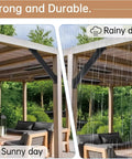 Heavy Duty 45 Degree Inside Mount Angle Support Bracket 2 Pack For Patio Gazebo Treehouse And Backyard Projects Beefed Up Triangular Corner Brace For Tight Fit And Superior Load Bearing installed on a pergola showing different weather conditions, sunny and rainy day.
