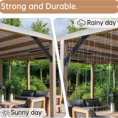 Heavy Duty 45 Degree Inside Mount Angle Support Bracket 2 Pack For Patio Gazebo Treehouse And Backyard Projects Beefed Up Triangular Corner Brace For Tight Fit And Superior Load Bearing installed on a pergola showing different weather conditions, sunny and rainy day.