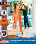 Children playing with Flexible 15 Foot Race Car Track For Kids With Suction Cups Rolls Up Portable Racetrack setup on window
