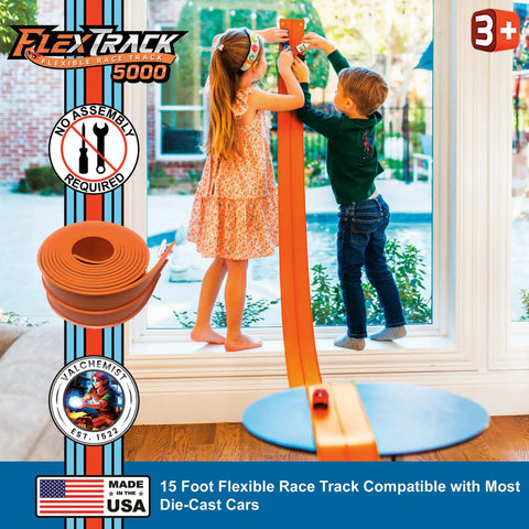 Children playing with Flexible 15 Foot Race Car Track for Kids with suction cups on window, showing roll-up feature and setup.