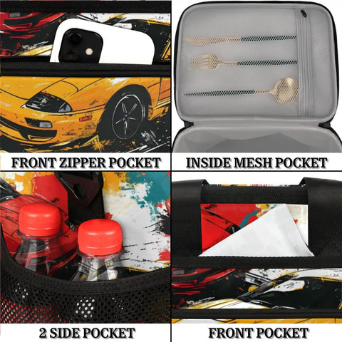 Insulated Picnic Backpack Lunch Bag with front and side pockets, 12x9x10 inch interior, Retro Car Style