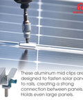 20 Piece Aluminum Solar Panel Clamps For Unistrut Mounting System, mid clip securing solar panel with drill, close-up view