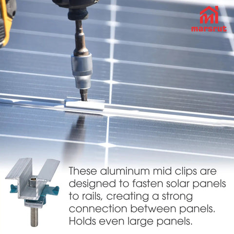 20 Piece Aluminum Solar Panel Clamps For Unistrut Mounting System, mid clip securing solar panel with drill, close-up view