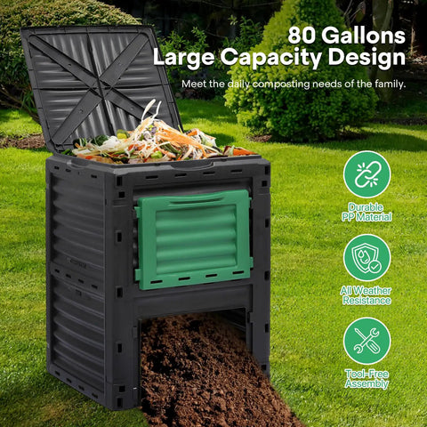 80 Gallon Outdoor Compost Bin With Snap On Lid And Aeration Vents Heavy Duty Monster Capacity Yard Waste Recycle Container